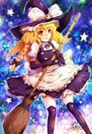  :o black_gloves black_legwear blonde_hair bow braid broom dress elbow_gloves gloves hair_bow hat hat_bow highres kirisame_marisa kneehighs long_hair looking_at_viewer mayonaka_taruho open_mouth signature single_braid solo star touhou triangle_mouth twitter_username white_bow witch_hat yellow_eyes 