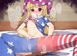  1girl american_flag american_flag_legwear american_flag_shirt bed blonde_hair blush breasts chestnut_mouth clownpiece commentary_request dress fingering flat_chest frilled_shirt_collar frills hat heavy_breathing hetero jester_cap long_hair lying masturbation nipples oekaki on_back open_mouth pantyhose pantyhose_pull polka_dot red_eyes ruku_(alicecreation) shirt_lift short_sleeves solo_focus speech_bubble star striped sweat touhou translation_request 