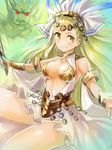  armlet blonde_hair breasts circlet cleavage dress edobox granblue_fantasy headdress long_hair medium_breasts navel petra_(granblue_fantasy) smile solo white_dress yellow_eyes 