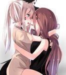  angry_num animal_ears bad_id bad_pixiv_id blue_eyes blush brown_hair eye_contact feena_(angry_num) from_side girl_on_top highres hug imminent_kiss long_hair looking_at_another maria_(angry_num) multiple_girls open_mouth original ponytail profile purple_eyes silver_hair sitting tail yuri 