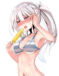  adjusting_hair angry_num bad_id bad_pixiv_id bikini blue_eyes blush breasts collarbone eyebrows eyebrows_visible_through_hair food hair_tucking hand_in_hair highres ice_cream long_hair medium_breasts navel open_mouth original popsicle silver_hair solo strap_gap striped striped_bikini sweat swimsuit underboob upper_body white_background 
