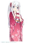  absurdres blue_eyes eromanga_sensei floral_print flower hair_flower hair_ornament hand_on_own_chest hand_on_own_chin highres izumi_sagiri japanese_clothes kanzaki_hiro kimono long_hair long_sleeves looking_at_viewer obi sash scan side_ponytail sidelocks simple_background solo tabgraphics white_background white_hair 