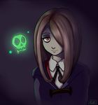 brown_hair felldew hair_over_one_eye highres little_witch_academia long_hair looking_at_viewer pale_skin purple_background red_eyes signature simple_background skull smile solo sucy_manbavaran witch 