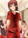  amami_haruka blood blood_on_face bloody_clothes brown_hair commentary_request green_eyes highres idolmaster idolmaster_(classic) kaiga knife looking_at_viewer prison prison_clothes prison_shank ribbon short_hair slayer_(band) violence weapon 