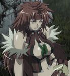  1girl breasts earrings female highres jewelry large_breasts leaf long_hair lost_worlds purple_eyes queen&#039;s_blade queen's_blade red_hair risty risty_(queen&#039;s_blade) sitting solo stitched 