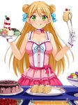  :q bare_shoulders blonde_hair blush breasts buffet cake cleavage double_bun dress food food_on_face fruit gloves green_eyes hair_ribbon hisho_collection large_breasts long_hair looking_at_viewer macaron pastry pink_dress print_ribbon ribbon simple_background slice_of_cake smile solo sparkle star star_print strawberry_shortcake strawberry_tart swiss_roll tongs tongue tongue_out tray white_background white_gloves yokaze_japan 
