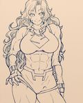  abs biceps breasts chiba_toshirou fingerless_gloves gloves highres ink_(medium) jennifer_walters large_breasts long_hair marvel monochrome muscle muscular_female she-hulk short_shorts shorts smile solo tank_top traditional_media 