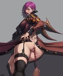  ahegao anal_beads anal_insertion anal_object_insertion anus ass bottomless censored from_behind garter_straps hair_over_one_eye kritika looking_at_viewer looking_back male_hand mosaic_censoring motion_blur object_insertion purple_hair pussy single_thighhigh tattoo tramp_stamp xxoom 