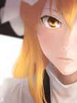  amino_(tn7135) blonde_hair blurry close-up face hat kirisame_marisa light_particles lips long_hair looking_at_viewer md5_mismatch out_of_frame portrait signature simple_background solo touhou turtleneck white_background witch_hat yellow_eyes 