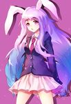  :o animal_ears blazer blush bunny_ears drop_shadow highres jacket long_hair looking_at_viewer mayonaka_taruho necktie open_mouth pleated_skirt purple_eyes purple_hair reisen_udongein_inaba signature skirt solo touhou triangle_mouth twitter_username very_long_hair 