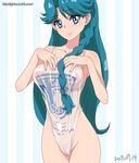  bad_id bad_pixiv_id blue_eyes braid breasts cameltoe covered_navel covered_nipples ginko_(silver_fox) go!_princess_precure green_hair kaidou_minami large_breasts lawson long_hair plastic_bag_swimsuit precure pussy solo standing 