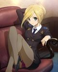 aocchi bench blonde_hair blue_eyes commentary_request folded_ponytail high_heels leaning_back looking_at_viewer military military_uniform necktie panties pantyhose pantyshot pantyshot_(sitting) peropero_saimin shadow sitting solo thighhighs underwear uniform 