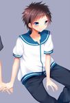  blue_eyes brown_hair kanatougo nagi_no_asukara sailor_collar sakishima_hikari school_uniform short_hair sitting 