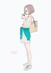  absurdres bag clothes_around_waist cup dress drinking_straw fashion highres nanase_miri original profile shoes short_hair sneakers solo sweater_around_waist 