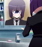  1girl back blue_eyes business_suit cyclops highres manako mirror monster_girl monster_musume_no_iru_nichijou necktie one-eyed purple_hair sad short_hair solo standing stitched tie 