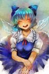  blue_bow blue_dress blue_hair bow cider_niko cirno closed_eyes dress hair_bow happy highres ice ice_wings nail_polish open_mouth round_teeth short_hair short_sleeves smile solo teeth touhou wings 