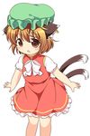  animal_ears brown_eyes brown_hair cat_ears cat_tail chen dress hat mob_cap multiple_tails nekomata pila-pela puffy_short_sleeves puffy_sleeves red_dress shirt short_sleeves solo tail touhou 