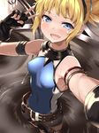  armpits bare_shoulders batsu belt black_gloves blonde_hair blue_eyes blush breasts covered_navel covered_nipples fang fingerless_gloves gloves granblue_fantasy looking_at_viewer partially_submerged pengy_(granblue_fantasy) reaching_out self_shot short_hair small_breasts solo v 