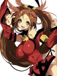  bad_id bad_pixiv_id blush breasts brown_eyes brown_hair china_dress chinese_clothes detached_sleeves dress guilty_gear hair_ornament hohehohe kuradoberi_jam large_breasts long_hair smile solo v very_long_hair 