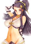 beads breasts covered_nipples earrings fire_emblem fire_emblem_if groin hair_ornament hair_stick hairpods jewelry large_breasts long_hair looking_at_viewer midriff navel open_mouth orochi_(fire_emblem_if) purple_eyes purple_hair simple_background solo teruru white_background 