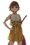  bad_id bad_pixiv_id brown_eyes brown_hair closed_mouth collarbone hakama hakama_skirt hand_on_hip highres honda_mio idolmaster idolmaster_cinderella_girls japanese_clothes katana kisetsu looking_at_viewer orange_hakama sarashi short_hair short_sleeves simple_background skirt smile solo sword tasuki weapon white_background yellow_skirt 