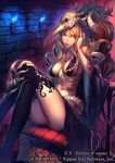  akitani_kou bird_skull black_legwear blonde_hair breasts crossed_legs detached_sleeves drill_hair hand_on_own_head jewelry large_breasts long_hair necklace official_art original red_eyes ring sitting skull solo thighhighs thighs throne torch z/x 