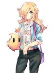  alternate_costume aqua_cardigan bag black_pants blonde_hair blue_eyes breasts cardigan chiko_(mario) collared_shirt contemporary contrapposto cowboy_shot crabbu dress_shirt flipped_hair hair_over_one_eye holding long_hair long_sleeves looking_at_viewer mario_(series) navel open_cardigan open_clothes pants rosetta_(mario) shirt shoulder_bag simple_background sleeves_rolled_up small_breasts source_request standing stomach super_mario_bros. super_mario_galaxy white_background white_shirt wing_collar ||_|| 