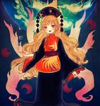  black_dress blush chinese_clothes dress fox_tail hat junko_(touhou) long_hair long_sleeves multiple_tails open_mouth orange_hair red_eyes sash smile solo tabard tail touhou wide_sleeves yujup 