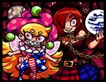  american_flag_dress american_flag_legwear belt blonde_hair blush_stickers chain clownpiece earth_(ornament) fairy_wings grin hair_over_one_eye hat hecatia_lapislazuli jester_cap long_hair moon_(ornament) multicolored multicolored_clothes multicolored_skirt multiple_girls off-shoulder_shirt pantyhose peachems_(gemu) polos_crown red_eyes red_hair sharp_teeth shirt skirt smile teeth touhou wings 