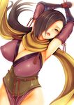  armpits arms_up bdsm blush bound bound_wrists breasts brown_eyes brown_hair cleavage covered_nipples fire_emblem fire_emblem_if groin hair_over_one_eye huge_breasts kagerou_(fire_emblem_if) long_hair ponytail scarf solo teruru white_background 
