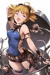  ahoge arm_behind_head arm_strap arm_up bare_shoulders belt black_gloves blonde_hair blue_eyes fang fingerless_gloves gloves granblue_fantasy holster looking_at_viewer multiple_belts open_mouth pengy_(granblue_fantasy) shirt shorts sleeveless sleeveless_shirt smile solo supertie twintails 