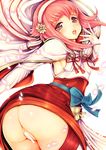  ass blush breasts censored cherry_blossoms fire_emblem fire_emblem_if hair_ornament hairband japanese_clothes looking_back no_panties petals pink_hair red_eyes sakura_(fire_emblem_if) short_hair sideboob small_breasts solo teruru 