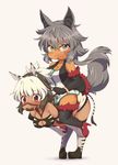  animal_ears animal_print chibi elbow_gloves gloves grey_eyes grey_hair haimiya_eren kuromiya long_hair multiple_girls original pony_play red_eyes shimamiya_mayuki short_hair tail thighhighs white_hair zebra_print 