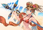  bikini bikini_top blonde_hair blue_eyes bottomless breasts eyewear_on_head flower granblue_fantasy hair_flower hair_ornament hibiscus looking_at_viewer medium_breasts o-ring o-ring_bikini polearm red_bikini shawl short_hair solo spear sunglasses swimsuit twintails v weapon wolfedge zeta_(granblue_fantasy) 