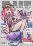  barcode blue_eyes blush boots bracelet cover eyelashes fake_cover hat highres jellyfish jellyfish_(splatoon) jewelry lenko long_hair miniskirt open_mouth paruko_(splatoon) pink_hair shirt sitting sitting_on_person skirt smile solo splatoon_(series) splatoon_1 t-shirt tentacle_hair 