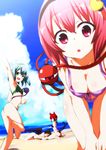  amamitsu_kousuke animal_ears arm_up barefoot beach bent_over bikini black_hair black_wings blue_sky blush bow braid cat_ears cat_tail closed_eyes cloud day extra_ears eyeball green_eyes green_hair hair_bow hair_ornament hair_ribbon hairband heart kaenbyou_rin komeiji_koishi komeiji_satori looking_at_another looking_at_viewer lying midriff multiple_girls multiple_tails navel ocean on_side open_mouth outdoors pink_hair pointy_ears profile red_eyes red_hair reiuji_utsuho ribbon sand siblings sisters sitting sky sleeping smile string swimsuit tail third_eye touhou twin_braids wings 