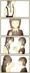  amami_haruka blush comic hair_ribbon highres idolmaster idolmaster_(classic) idolmaster_million_live! long_hair mogami_shizuka monochrome multiple_girls open_mouth pclbang ribbon sepia short_hair silent_comic smile 