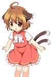  animal_ears brown_eyes brown_hair cat_ears cat_tail chen dress multiple_tails nekomata no_hat no_headwear pila-pela puffy_short_sleeves puffy_sleeves red_dress shirt short_sleeves solo tail touhou 