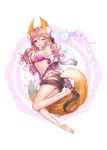  aile_(crossroads) animal_ears barefoot bow breasts casual fate/extra fate_(series) feet fox_ears fox_tail hair_bow hair_ribbon highres jacket large_breasts off_shoulder one_eye_closed pink_hair ribbon single_sock smile sock_pull socks soles solo tail tamamo_(fate)_(all) tamamo_no_mae_(fate) toes twintails unzipping yellow_eyes 