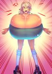  angry bakki bike_shorts blonde_hair breast_expansion breasts cleavage copyright_request gigantic_breasts gradient gradient_background kneehighs long_hair open_mouth roller_skates shorts skates solo striped_background taut_clothes 