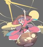  1girl aki_maki_yuu arm_up blush_stickers bowl in_bowl in_container japanese_clothes kimono long_sleeves looking_at_viewer needle obi object_on_head open_mouth outstretched_arms purple_hair red_eyes ribbon sash short_hair smile solo sukuna_shinmyoumaru touhou wide_sleeves 