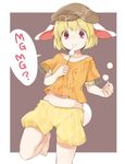  akagashi_hagane animal_ears blonde_hair bunny_ears bunny_tail dango eating flat_cap floppy_ears food hat looking_at_viewer mg_mg midriff navel orange_shirt red_eyes ringo_(touhou) shirt short_hair short_sleeves shorts skewer smile solo tail text_focus touhou wagashi 