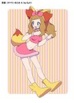  1girl animal_ears aqua_eyes blonde_hair blue_eyes blush boots bow bracelet breasts brown_hair crop_top eyelashes fake_animal_ears fennekin_(cosplay) full_body hair_bow hands_up jewelry long_hair looking_back midriff miniskirt navel nintendo open_mouth pink_bow pink_shirt pink_skirt pokemon pokemon_(anime) pokemon_xy serena_(pokemon) shirt skirt solo striped striped_background tail yellow_boots 