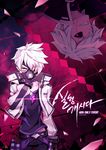  add_(elsword) bad_id bad_pixiv_id black_sclera black_shirt diabolic_esper_(elsword) dual_persona elsword fingerless_gloves gloves grin hand_over_face highres hwansang jacket male_focus messy_hair multiple_boys pants purple_background purple_eyes shirt smile time_tracer_(elsword) upside-down white_hair 