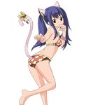  animal_ears animal_print barefoot bikini blue_hair brown_eyes cat_ears cat_print cat_tail fairy_tail hands_over_mouth highres looking_at_viewer paw_pose print_bikini ribbon solo swimsuit tail tail_ribbon transparent_background twintails wendy_marvell 