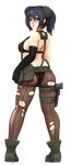  ass back-seamed_legwear barbariank bikini black_bikini black_legwear blue_eyes blue_hair blush boots breasts bun_cover character_request combat_boots cosplay double_bun elbow_gloves from_behind full_body gloves gun handgun highres holster large_breasts lips metal_gear_(series) metal_gear_solid_v nose pantyhose pistol pouch quiet_(metal_gear) quiet_(metal_gear)_(cosplay) seamed_legwear short_ponytail sideboob single_elbow_glove solo standing suspenders swimsuit thigh_holster torn_clothes torn_legwear transparent_background weapon 