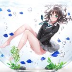  air_bubble barefoot blush brown_hair bubble cardigan embarrassed feet fish fish_tank floating_hair green_eyes highres idolmaster idolmaster_cinderella_girls in_container jewelry long_hair mignon necklace necktie school_uniform shibuya_rin skirt skirt_lift solo submerged underwater v_arms 