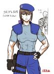  abs beret bow breasts brown_hair clenched_hand cosplay fingerless_gloves gloves hair_between_eyes hair_bow hand_on_hip hat holster jill_valentine jill_valentine_(cosplay) large_breasts long_hair low_ponytail m.u.g.e.n muscle muscular_female nemesis original police police_uniform policewoman resident_evil scar sendai_hakurei_no_miko shoulder_pads solo_focus taikyokuturugi thigh_holster touhou uniform zombie 