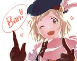  ;d beret blonde_hair brown_gloves chigusa_yachiyo djeeta_(granblue_fantasy) feathers gloves granblue_fantasy hat hat_feather hawkeye_(granblue_fantasy) heart one_eye_closed open_mouth romaji scarf short_hair simple_background smile solo speech_bubble upper_body white_background white_scarf yellow_eyes 