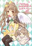  2015 :3 angel_wings between_legs black_legwear bow breasts brown_eyes checkered checkered_background chibi chibi_inset cleavage dated dress dual_persona earrings gloves grey_hair hair_bow hand_between_legs happy_birthday heart heart_earrings holding holding_stuffed_animal itou_noiji jewelry long_hair love_live! love_live!_school_idol_project medium_breasts minami_kotori mouth_hold one_side_up ribbon smile striped striped_legwear stuffed_animal stuffed_bunny stuffed_toy thighhighs wings yellow_dress 